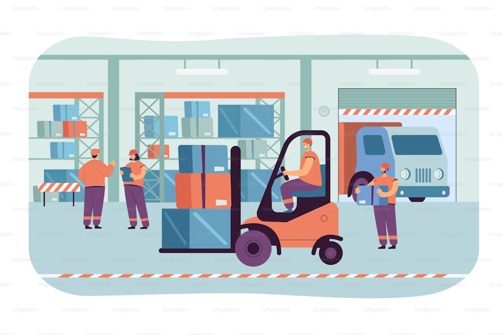 Cargo staff in warehouse interior. Flat vector illustration. Factory and logistic workers, loader in forklift, trucks, couriers in stockroom. Cargo, delivery and supply service, industry concept