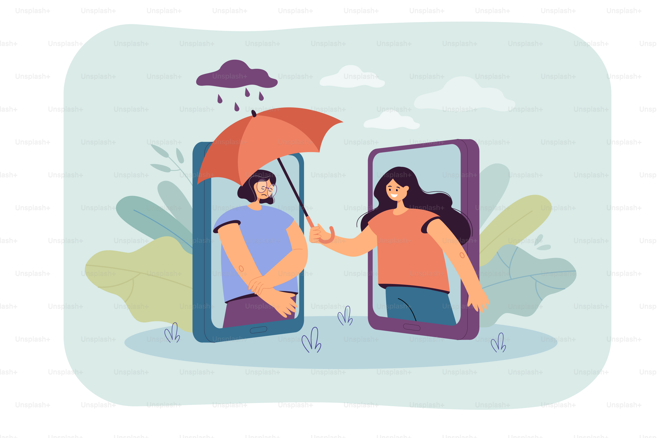 Frau, die traurige Freundin mit Regenschirm am Telefon bedeckt. Weibliche Figur tröstet Mädchen flache Vektorillustration. Psychische Gesundheit, Empathie, Wellness-Konzept für Banner, Website-Design oder Landing-Webseite
