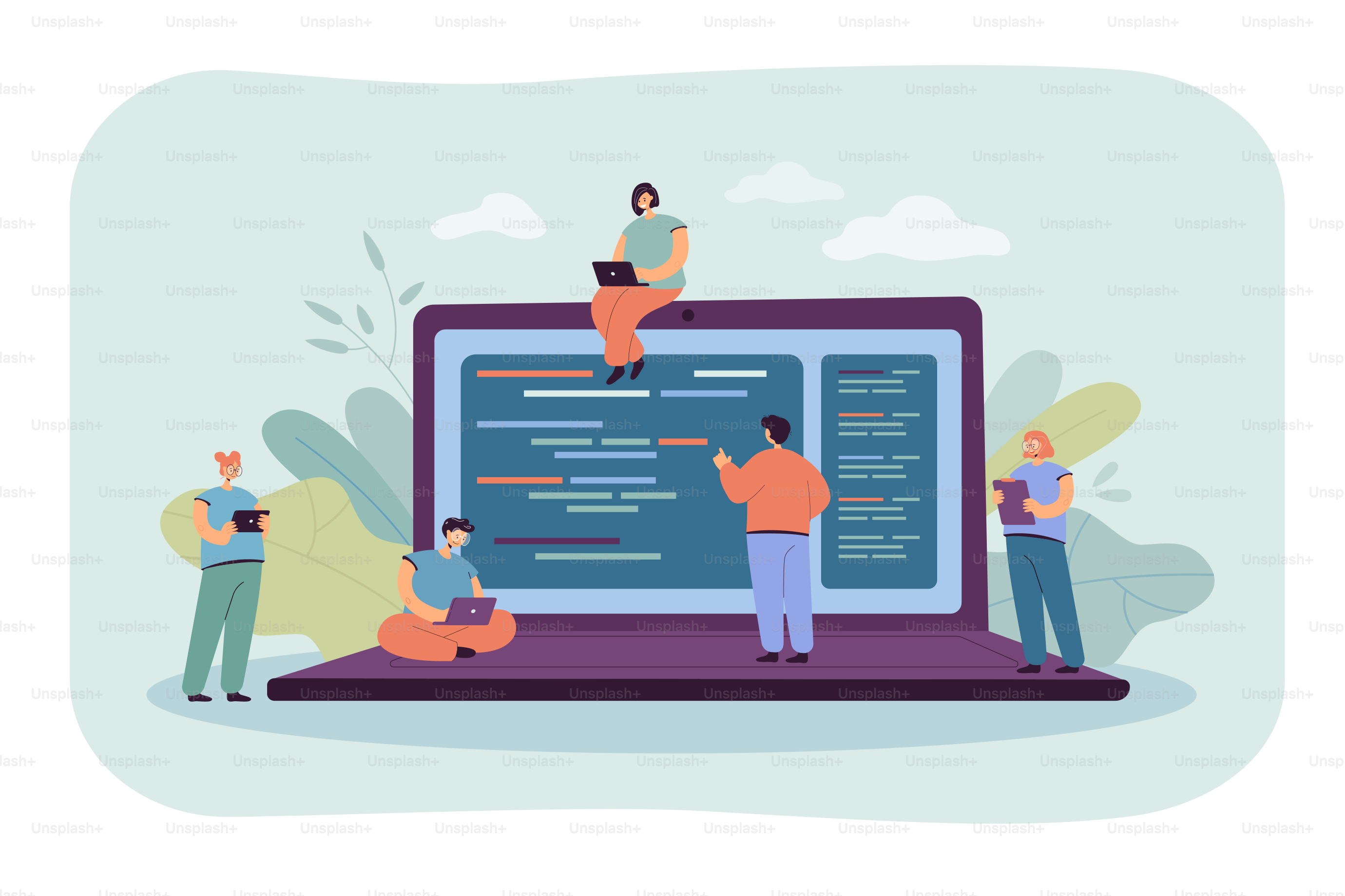 컴퓨터를 다루는 작은 프로그래머와 코커들이 만화처럼 보이는 모습. 평면 벡터 일러스트. 거대한 노트북과 코딩 또는 스크립팅 콘솔 웹 엔지니어들이 주변에 있습니다. 소프트웨어, 웹, 디지털 기술 개념