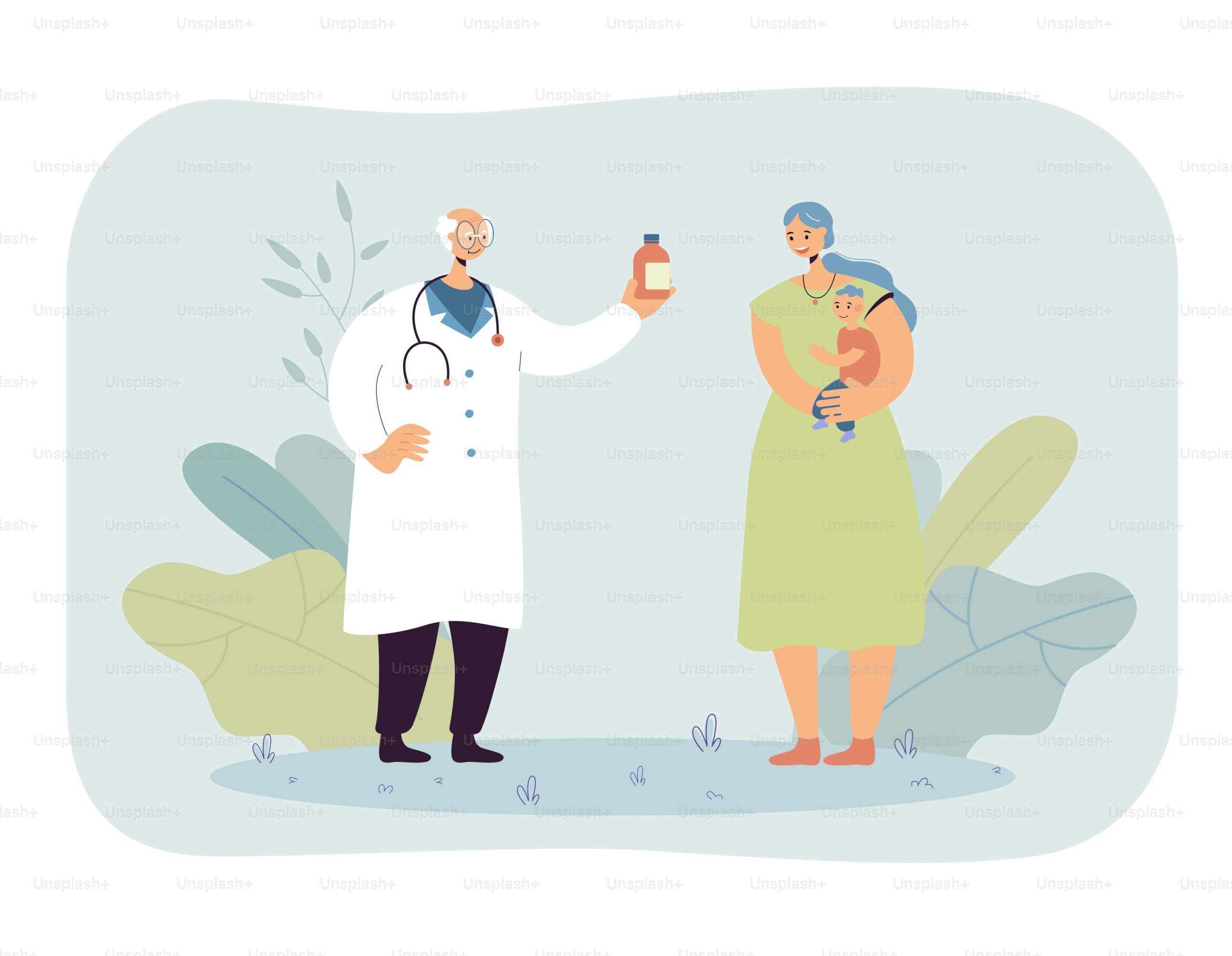 Kinderarzt gibt der Mutter Medikamente für das Kind. Frau hält Baby, konsultiert Old Doctor Flat Vector Illustration. Kinderarzt, Gesundheitswesen – das Konzept für Banner-, Webdesign oder Landingpage