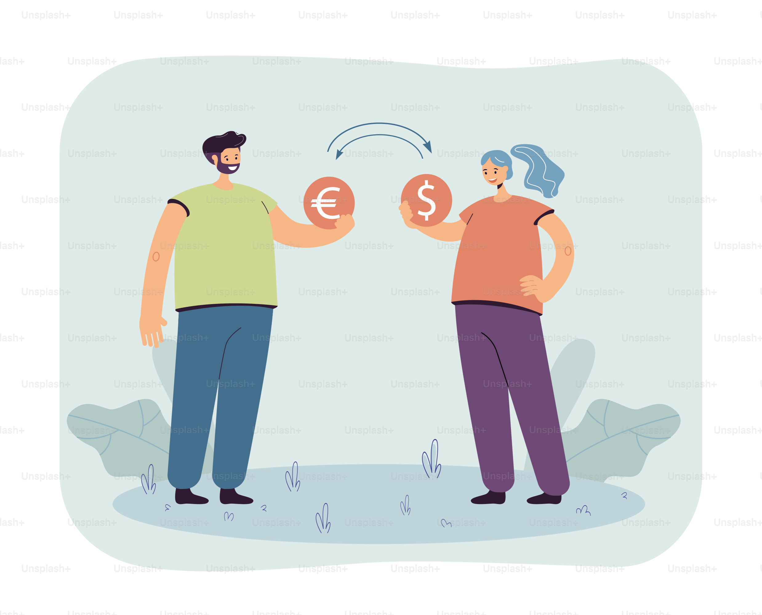 Man and woman exchanging money. Male character giving euro coin, female with dollar coin flat vector illustration. Currency exchange, finance concept for banner, website design or landing web page