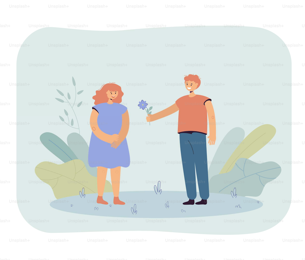 Cute boy giving flower to girl. Cartoon boyfriend and girlfriend on date flat vector illustration. First feelings, dating concept for banner, website design or landing web page