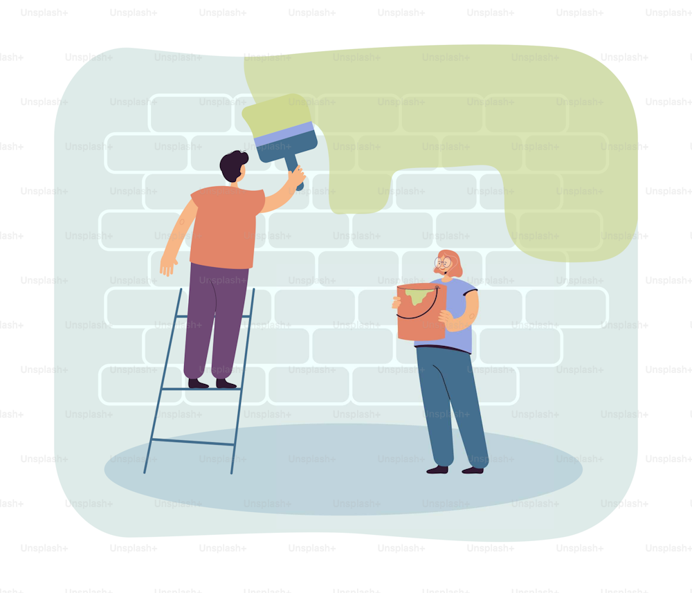 Cartoon couple painting wall together. Man with big brush on ladder, woman with can of paint flat vector illustration. Home repair, renovation concept for banner, website design or landing web page