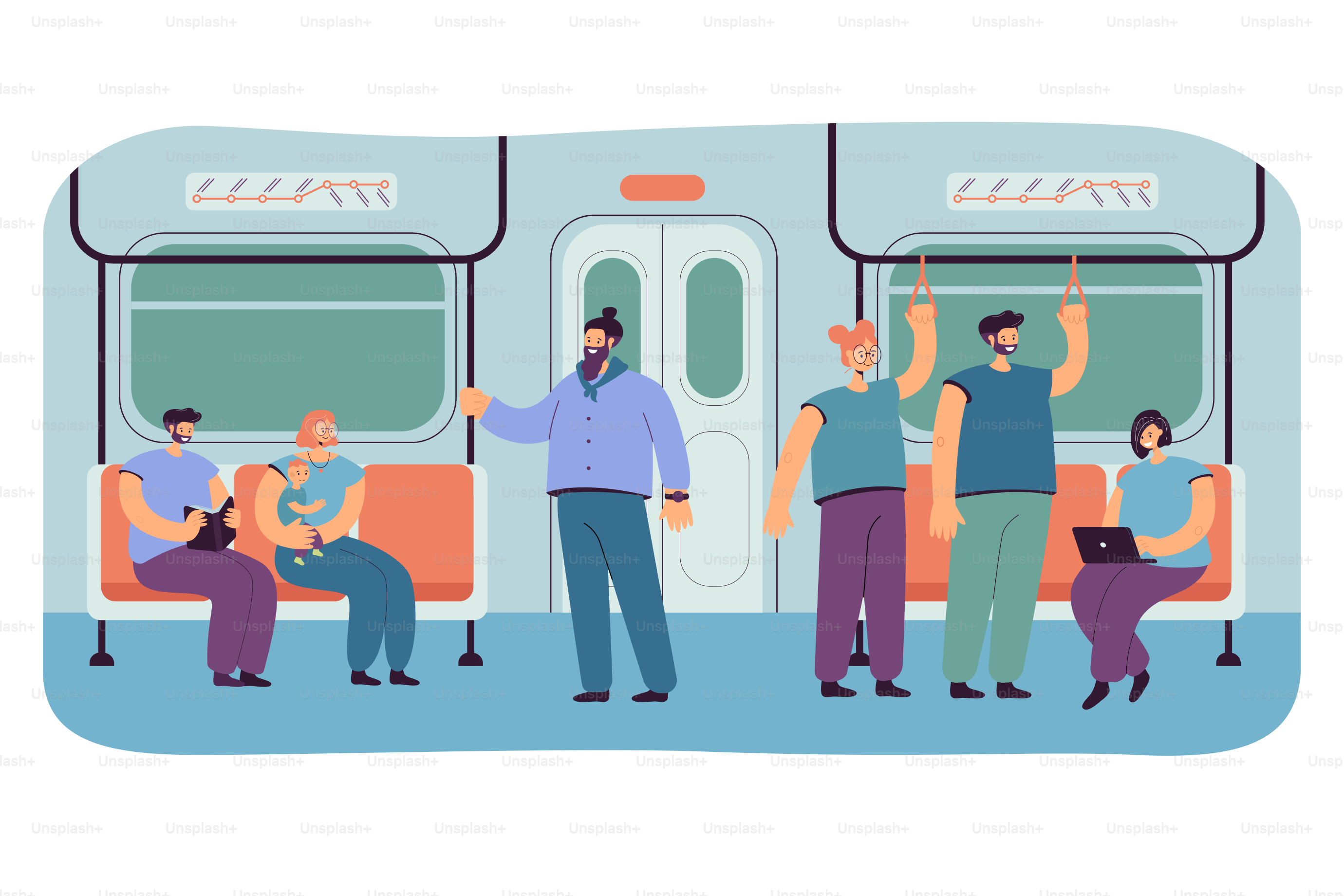 Passagers dans le métro ou l’intérieur d’un wagon souterrain. Illustration vectorielle plate. Des personnages de dessins animés prenant le métro, le bus ou le train. Transports en commun, transport, concept de métro pour la page d’atterrissage