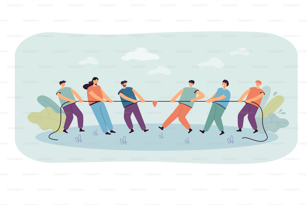 Two office teams of people pulling rope isolated flat vector illustration. Cartoon strong characters playing game and competing in contest. Confrontation, competition and challenge concept