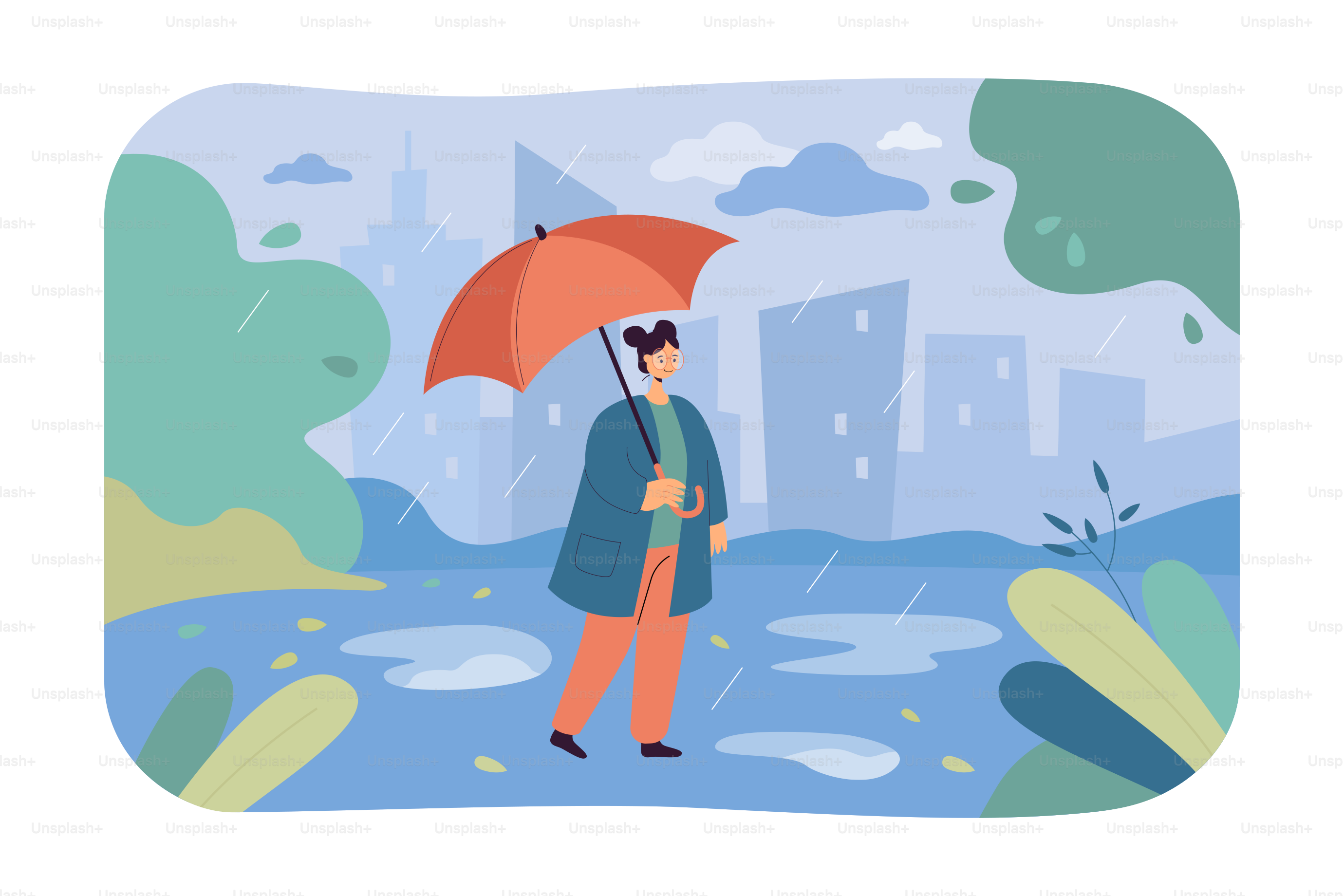 Woman walking in rain with umbrella flat vector illustration. Girl enjoying autumn season and rainy weather in city. Autumn, weather, leisure concept for banner design or landing page
