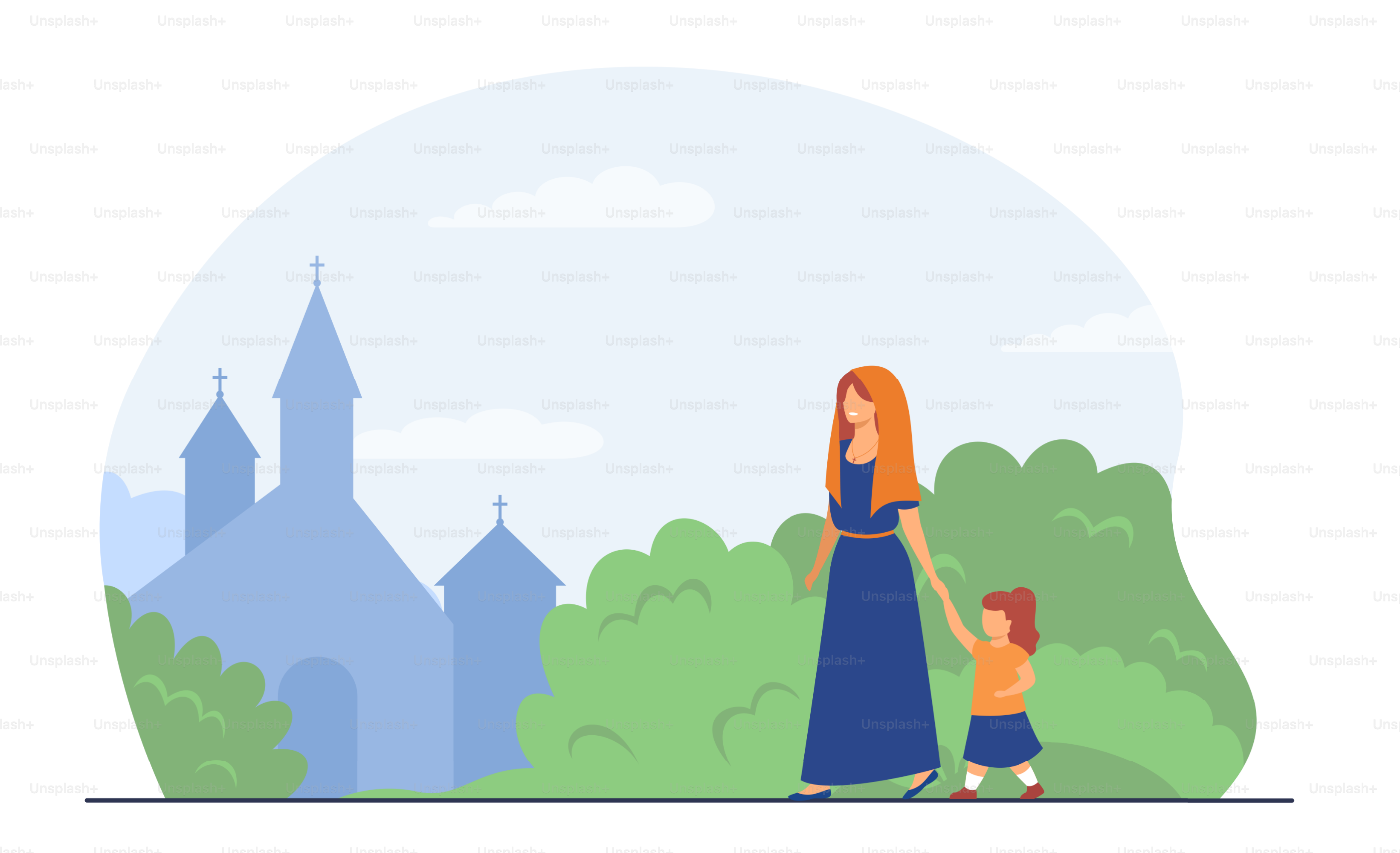 Happy woman with girl going to church. Faith, belief, weekend flat vector illustration. Christianity and religion concept for banner, website design or landing web page
