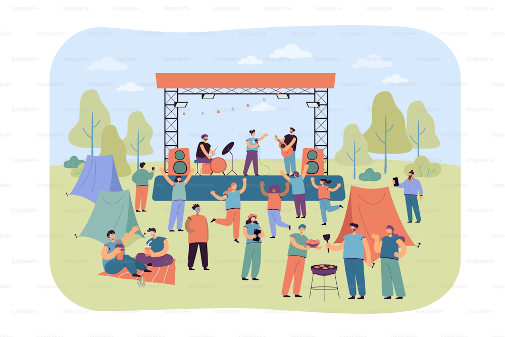Rock music festival in open air. People having party in park, cooking food, listening to concert. Cartoon illustration for musical event, leisure activity concept