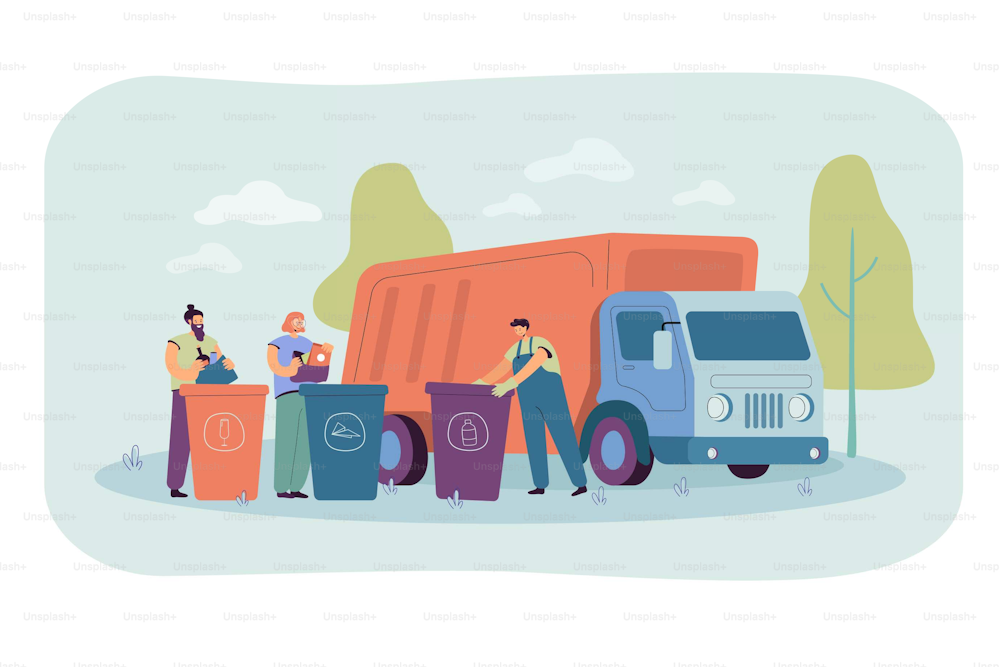 Garbage truck arriving to take disposal containers with waste and refuse. Men sorting rubbish and trash in bins and dumpsters. Vector illustration for recycle, environment concept