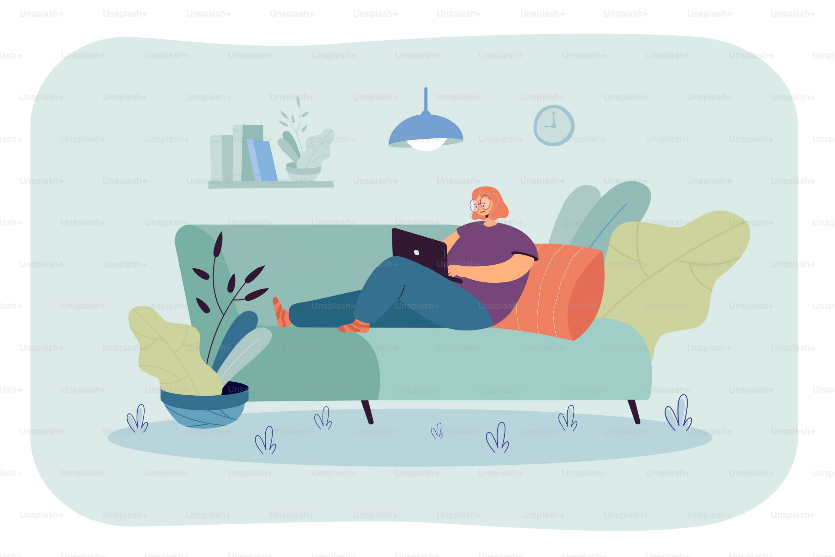 Wanita menggunakan komputer untuk menjelajahi internet. Gadis dengan laptop duduk di sofa dan bekerja di rumah. Ilustrasi vektor untuk bersantai, waktu luang, atau konsep freelance