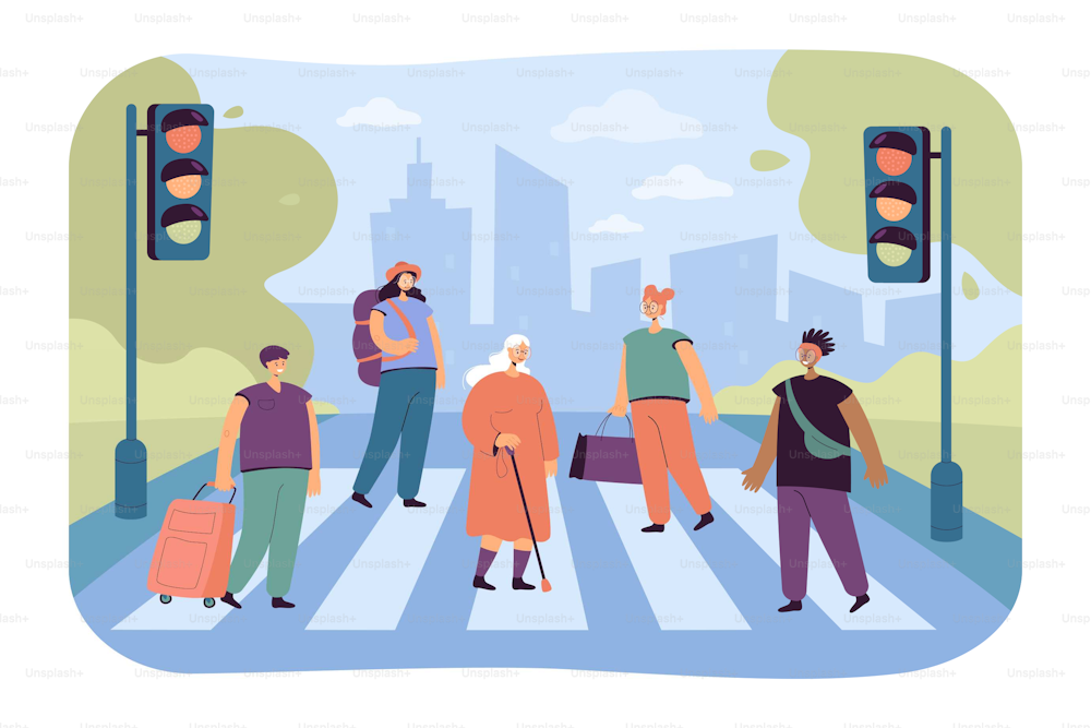 Crowd of various people crossing avenue road flat vector illustration. Cartoon pedestrians walking on street crosswalk. Modern lifestyle and city traffic concept