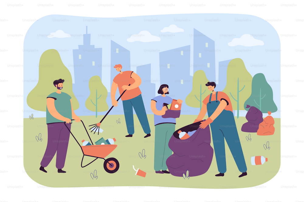 Happy volunteers cleaning city park from garbage isolated flat vector illustration. Cartoon people collecting trash or rubbish on nature together. Volunteering and ecology community concept