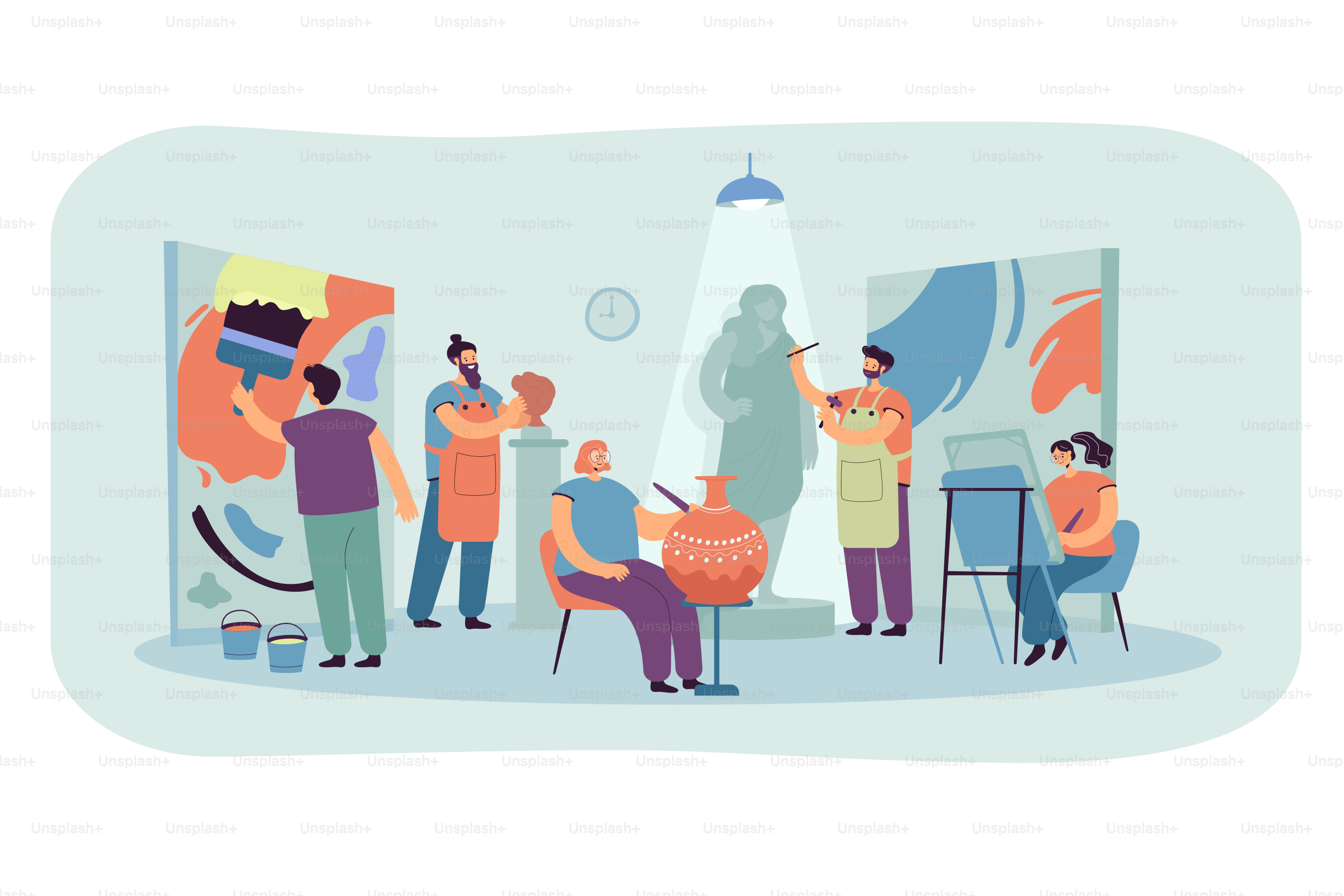 Artistes et sculpteurs créant des œuvres dans un atelier ou un atelier de design. Des personnes créatives peignent, sculptent et dessinent. Illustration vectorielle dans le style cartoon pour le concept de communauté artistique