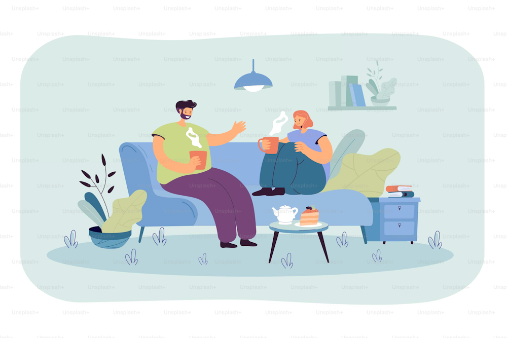 Young couple spending romantic evening together in their apartment. Man and woman sitting on sofa in cozy room, drinking coffee and talking. Vector illustration for love, home, hygge concept