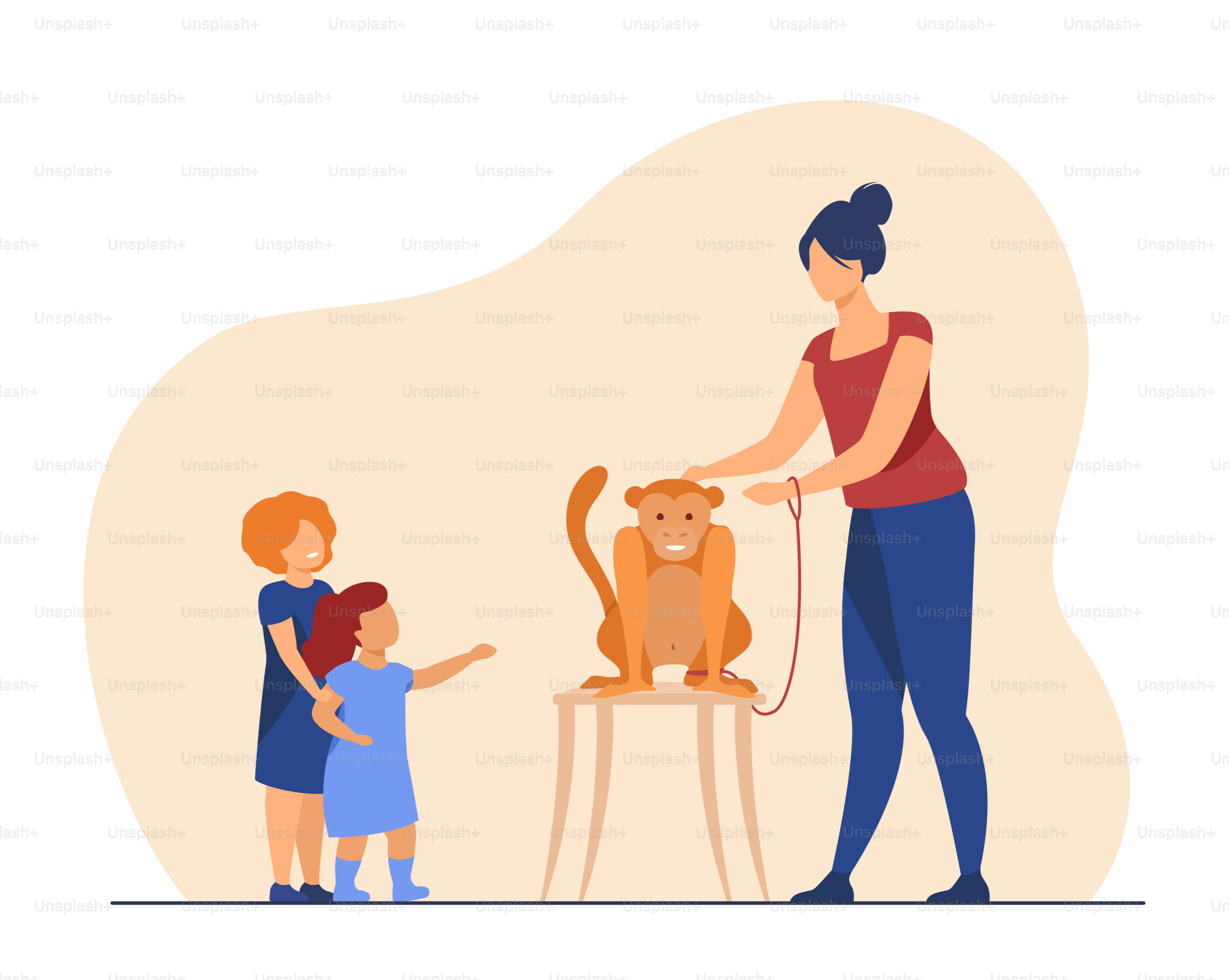 Des enfants heureux à regarder le singe sur la chaise. Soin, laisse, illustration vectorielle plate et amusante. Concept d’animaux et d’animaux pour la bannière, la conception du site web ou la page d’atterrissage