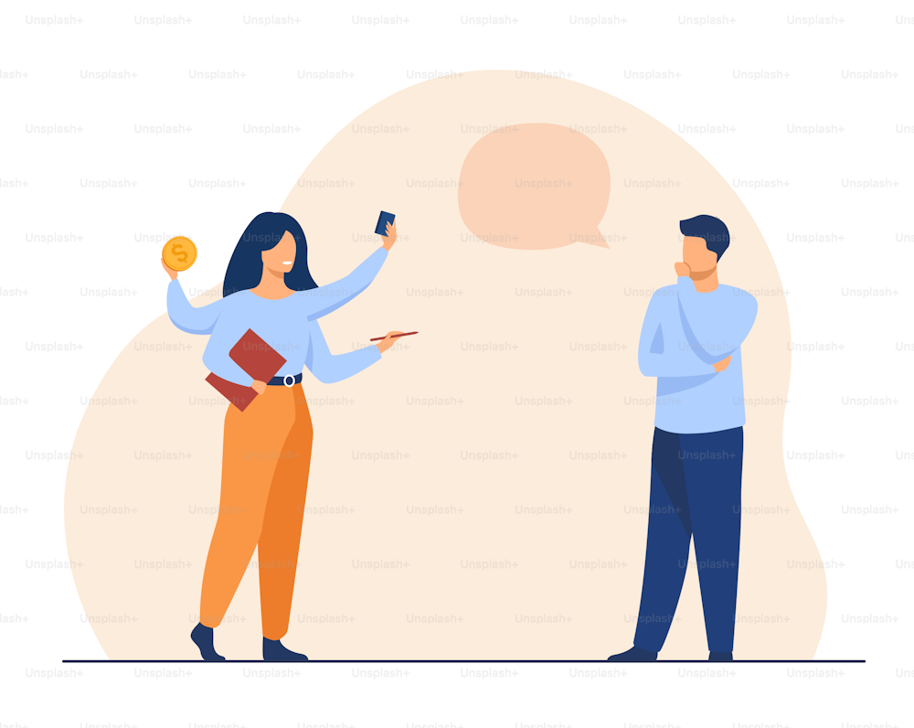 Thoughtful man talking with multitasking woman. Work, coin, hand flat vector illustration. Time management and business concept for banner, website design or landing web page