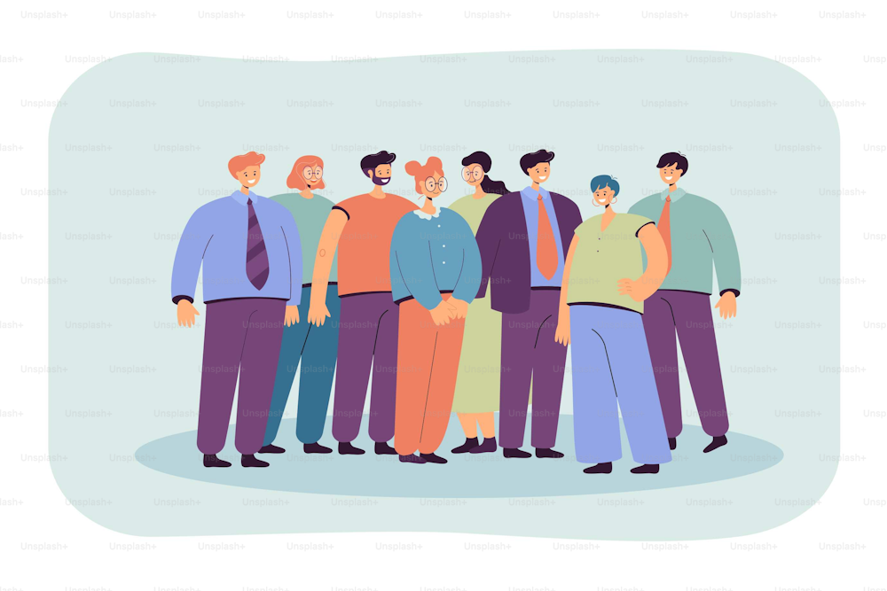 Group of office employees standing together flat vector illustration. Cartoon happy professional workers portrait in suit. Business team, career and startup concept