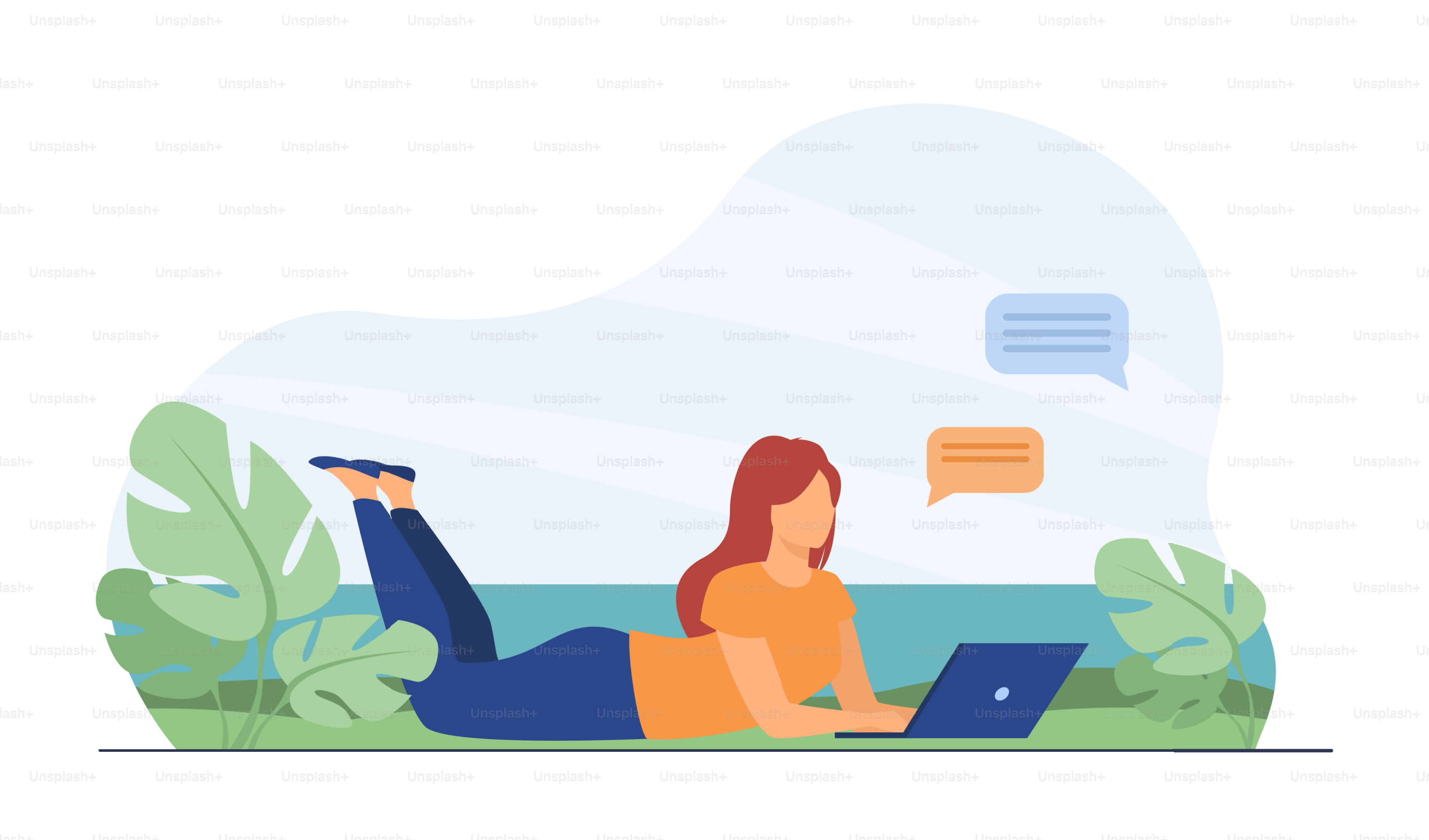 Woman chatting on laptop and lying on meadow. Computer, online, network flat vector illustration. Freelance and communication concept for banner, website design or landing web page