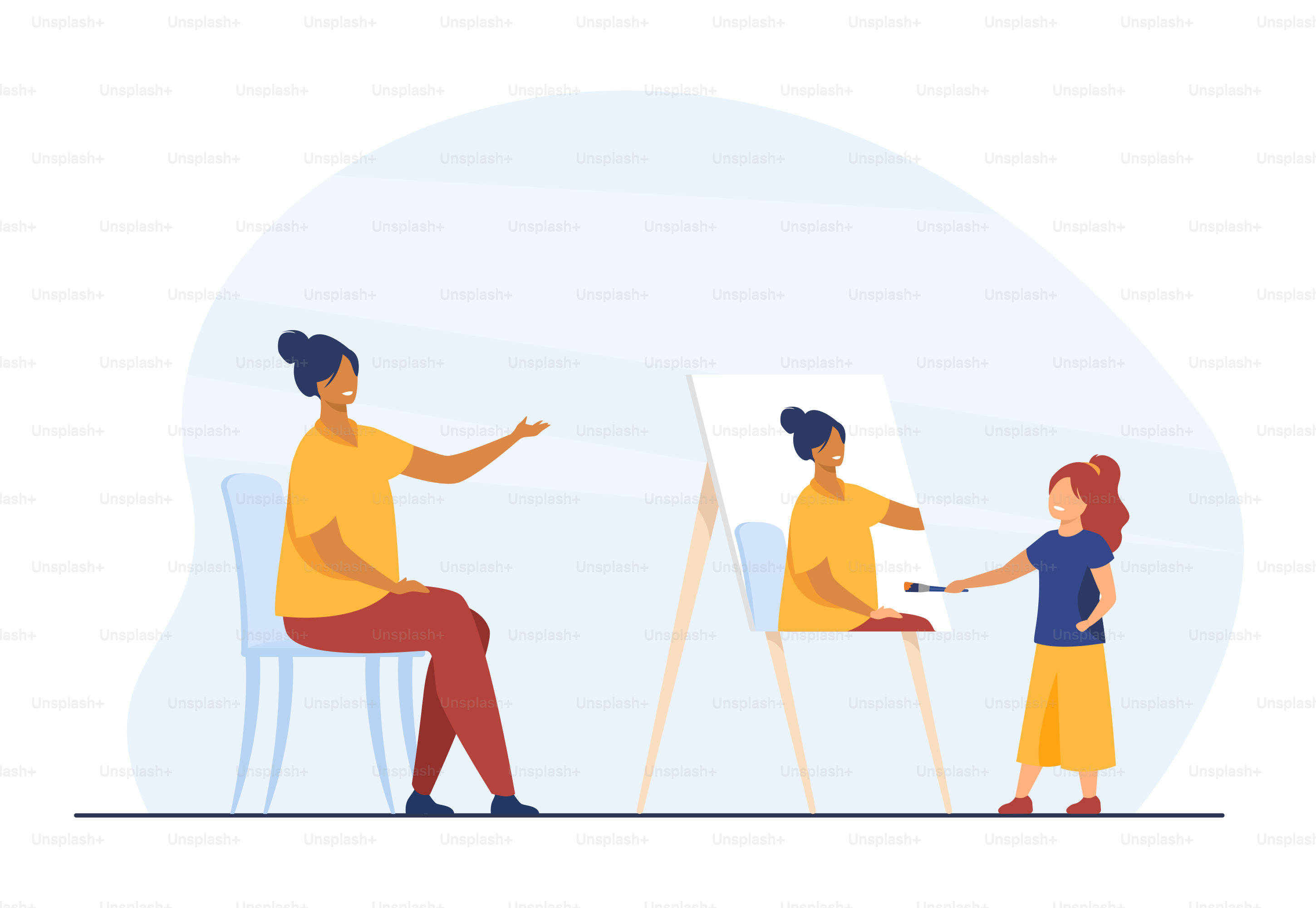 Cute girl painting portrait of mother and smiling. Canvas, pose, brush flat vector illustration. Hobby and creativity concept for banner, website design or landing web page