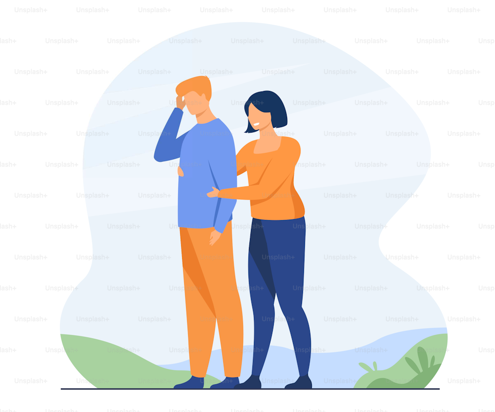 Smiling woman embracing sad man from back. Care, headache, support flat vector illustration. Relationship and love concept for banner, website design or landing web page