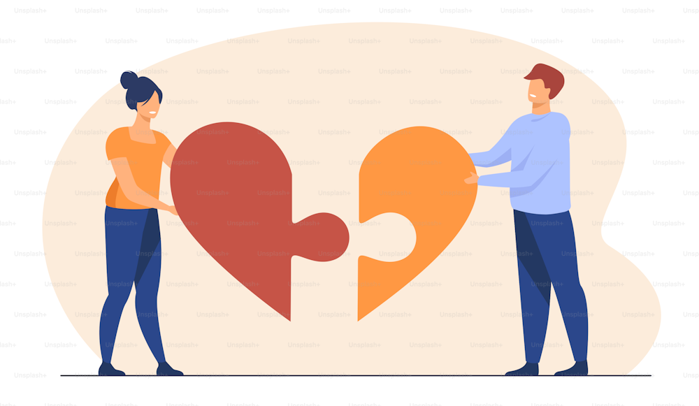 Happy couple connecting heart pieces together. Puzzle, happiness, pair flat vector illustration. Relationship and love concept for banner, website design or landing web page