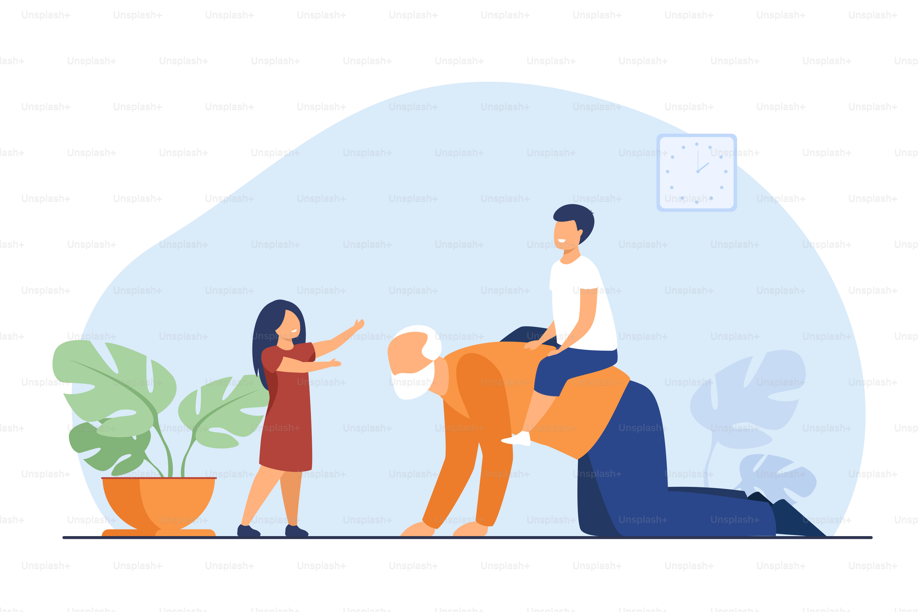 Cheerful little kids playing with grandfather. Grandpa, grandchild, love flat vector illustration. Family and relationship concept for banner, website design or landing web page