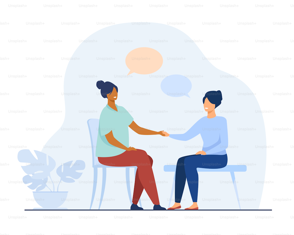 Two female friends talking and holding hands. Chat, speech bubble, chair flat vector illustration. Communication and friendship concept for banner, website design or landing web page