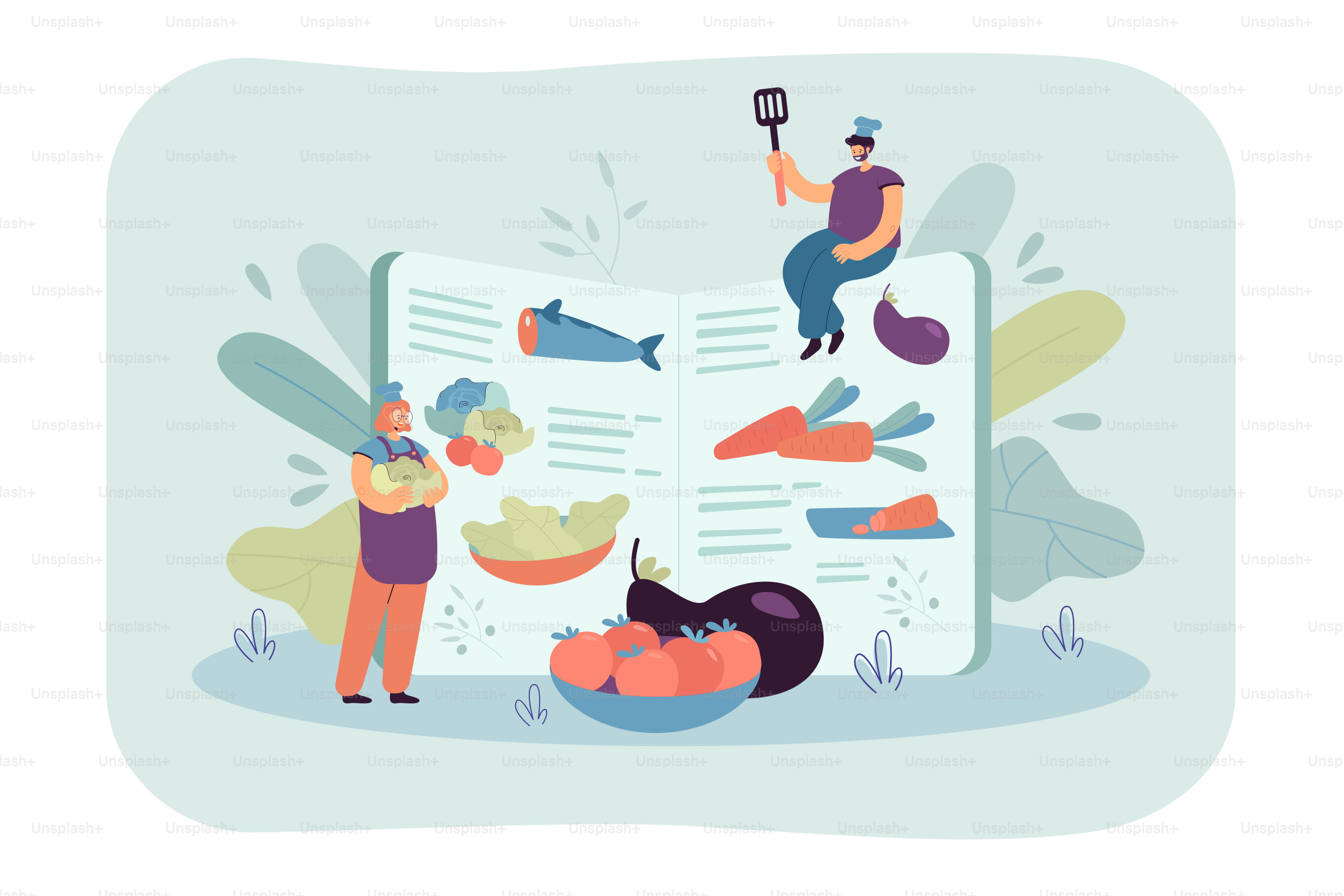 Tiny chefs cooking healthy food according to recipe book, preparing fresh ingredients for organic meal menu. Vector illustration for restaurant menu, healthy eating, culinary concept