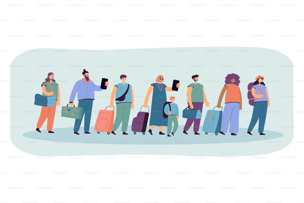 Big group of tourists in line with baggage flat vector illustration. Cartoon happy characters walking in airport with suitcases and bags. Travel and journey concept
