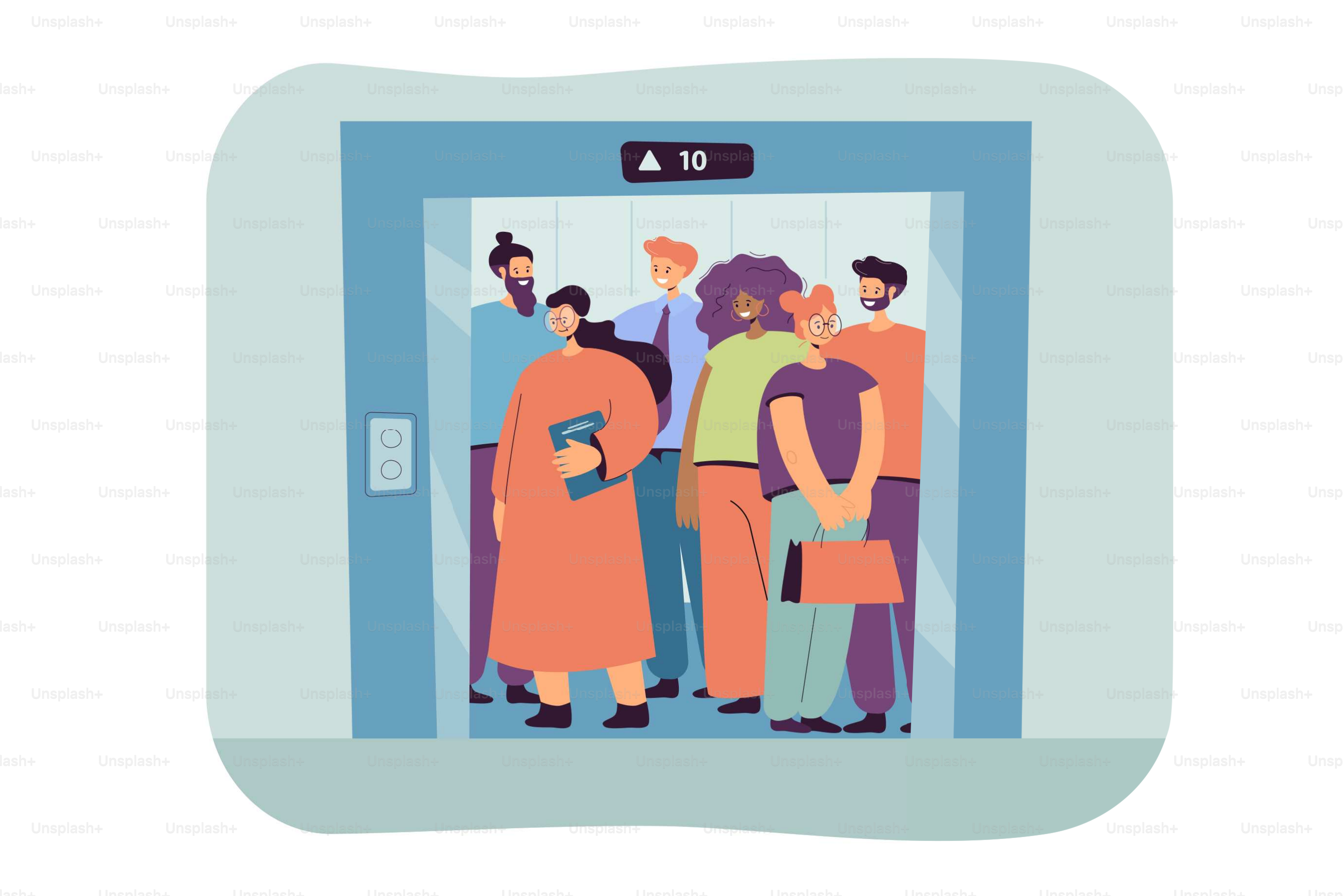 Group of people standing in elevator isolated flat vector illustration. Cartoon different characters inside lift with open doors. Office and building interior concept