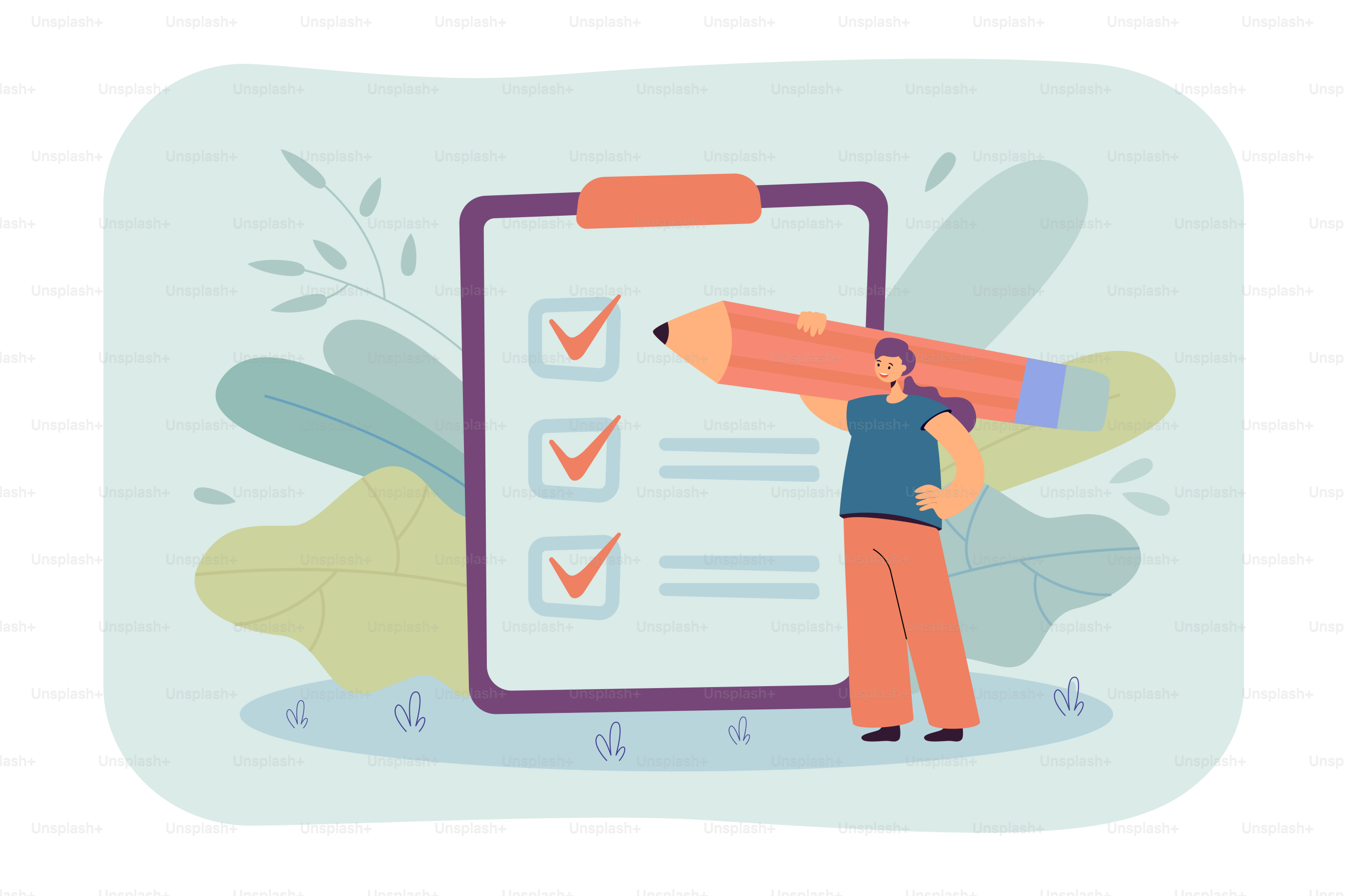 Kleine Geschäftsfrau, die abgeschlossene Aufgaben auf dem Klemmbrett überprüft, flache Vektorillustration. Cartoon-Frau schreibt Umfrage oder Test mit Bleistift. Erfolg und Geschäftserfolgskonzept