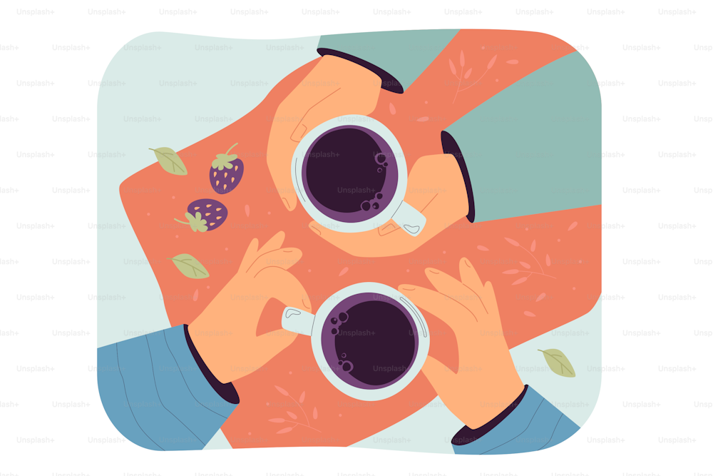 Top view of human hands holding cups isolated flat vector illustration. Cartoon unrecognizable character drinking morning tea or coffee in cafe. Friends meeting and refreshment concept