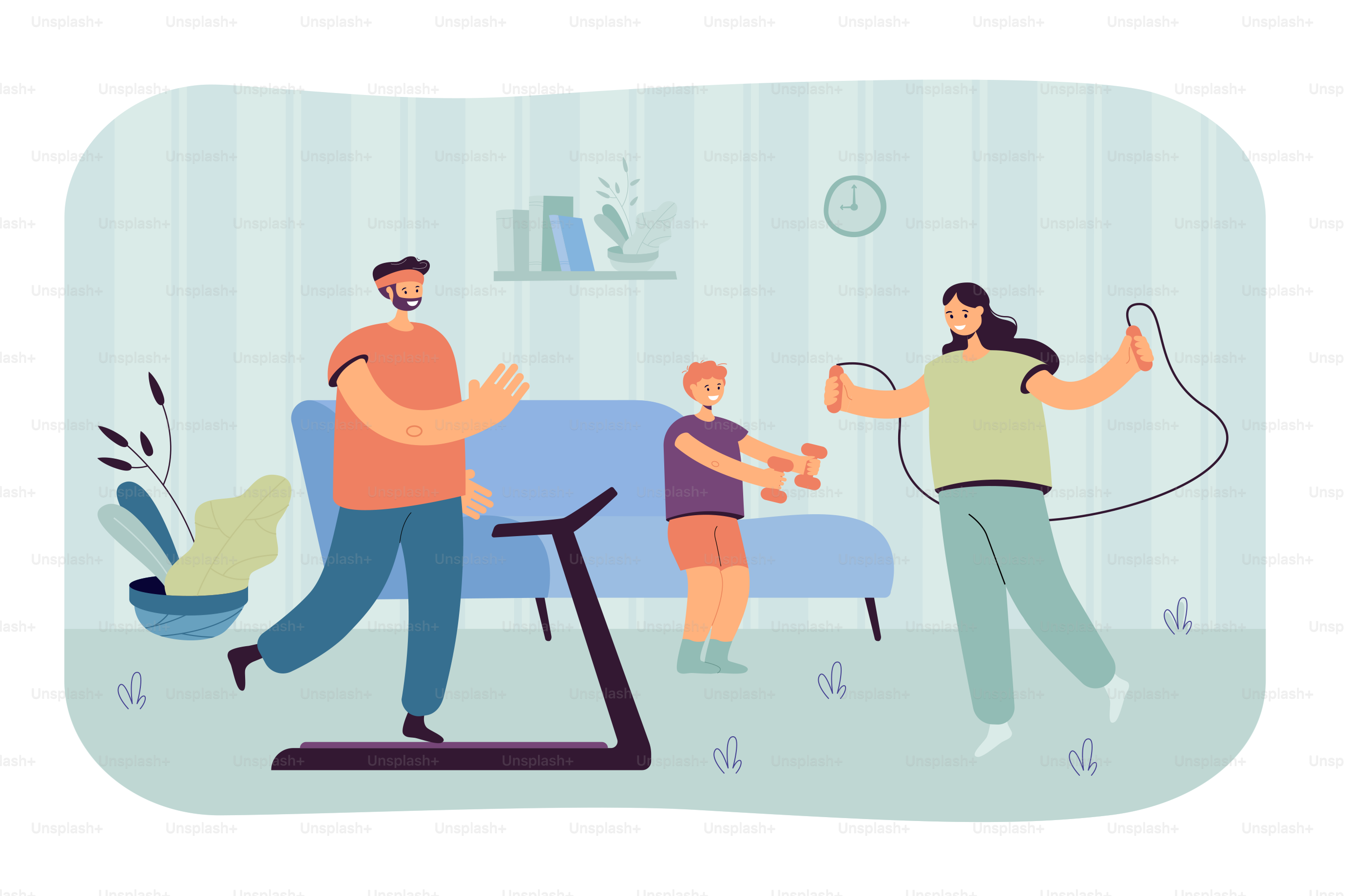 Glückliche Familie mit Kindertraining zu Hause, flache Vektorillustration. Cartoon-Mutter, Vater und Sohn machen gemeinsam Übungen im Wohnzimmer. Konzept von Heimübung und Sportaktivität