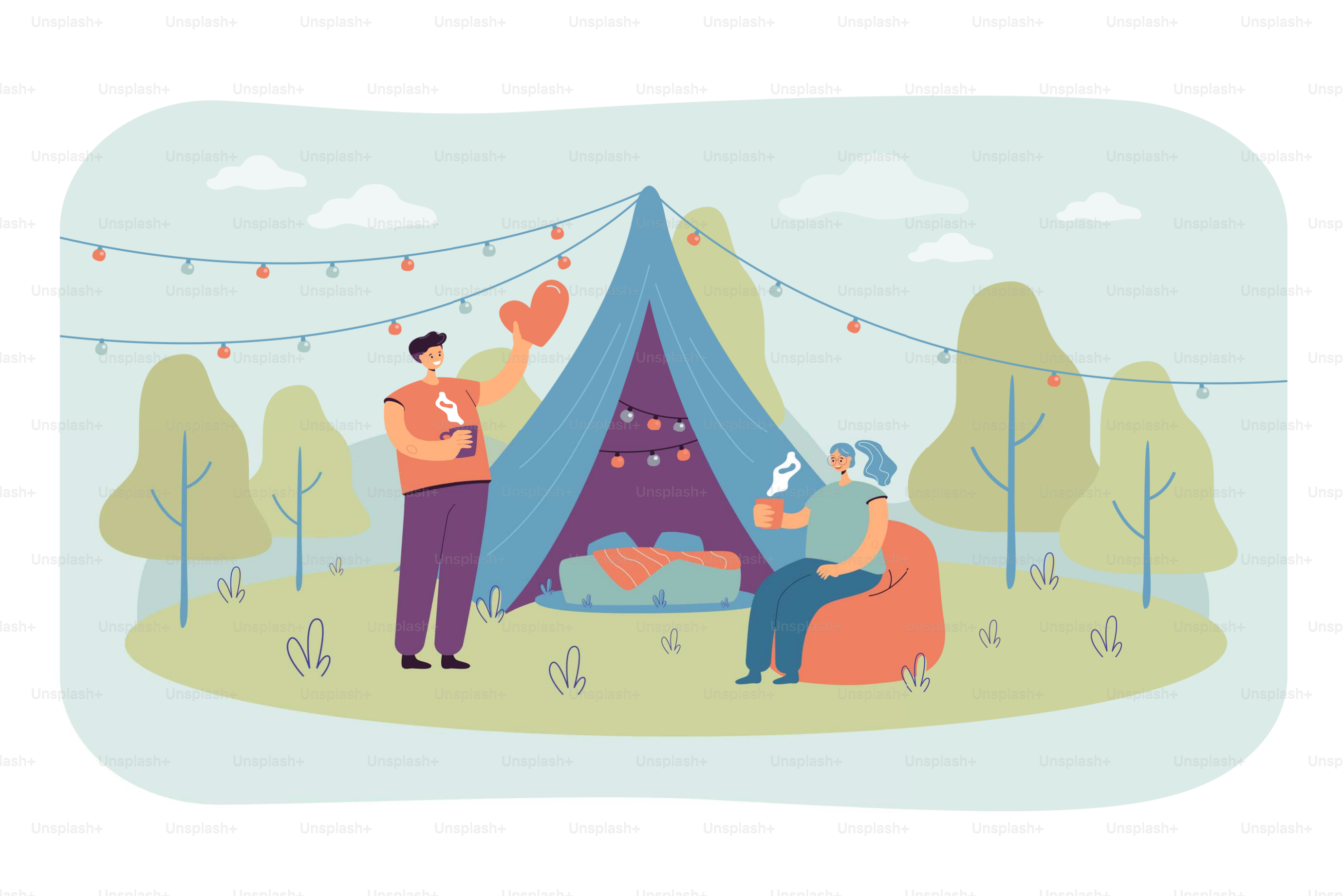 Cheerful couple camping together on nature isolated flat vector illustration. Cartoon man and woman drinking tea and glamping. Picnic holiday with accommodation and romantic trip concept
