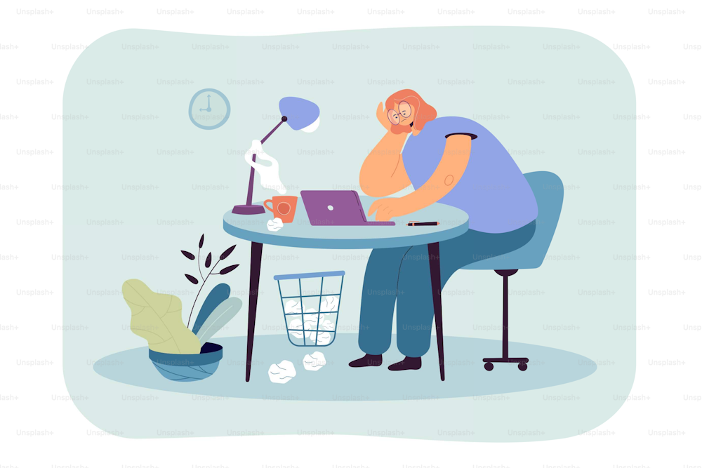 Tired woman sitting at table on work flat vector illustration. Cartoon exhausted female character working on laptop computer. Professional burnout syndrome and overload concept