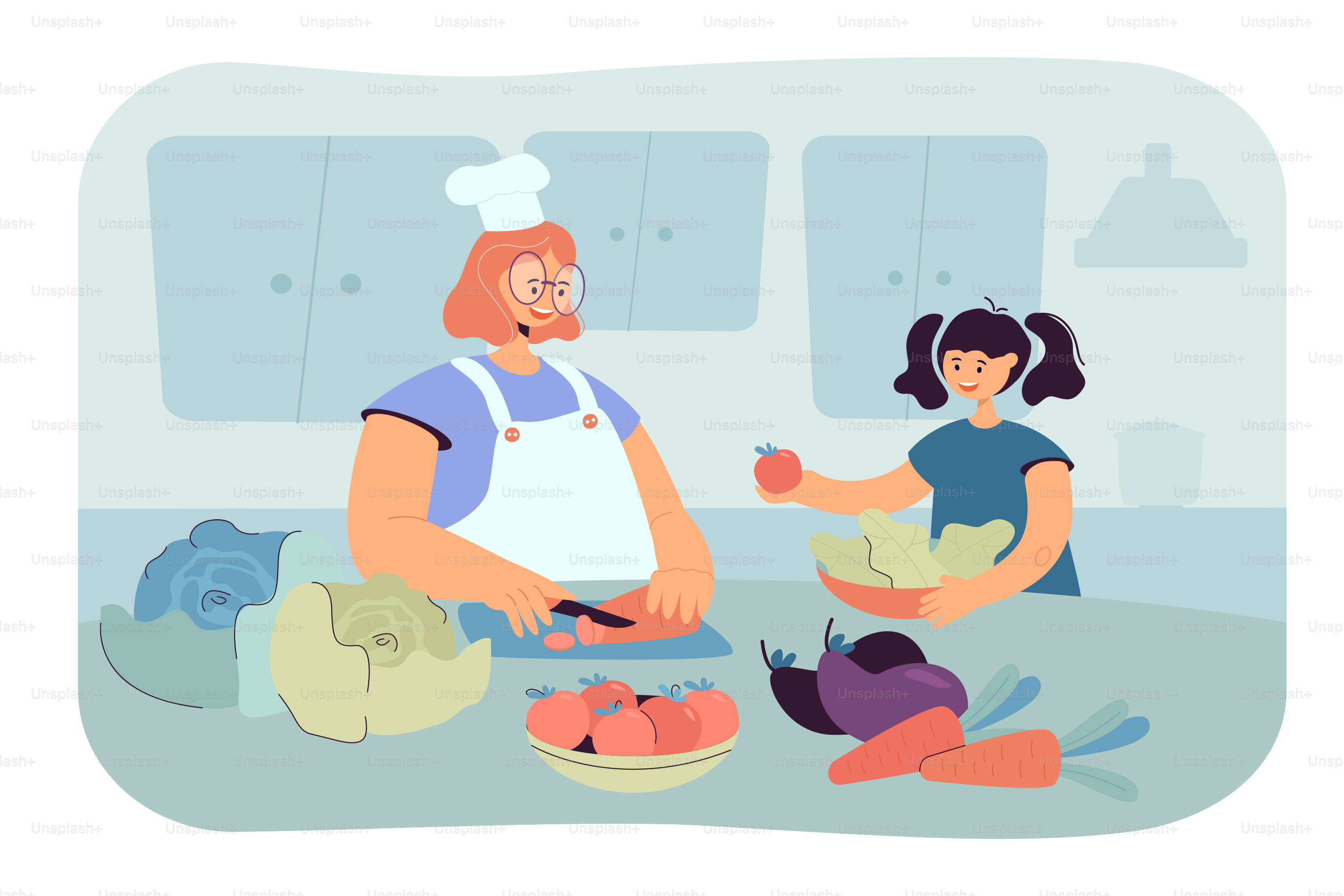 Feliz mamá e hija cocinando ensalada juntas en la cocina, cortando verduras frescas para el almuerzo familiar en casa. Ilustración de vector plano alimentación saludable, concepto de alimentos orgánicos