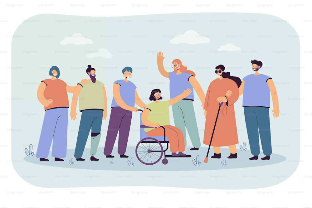 Smiling volunteers helping disabled people isolated flat vector illustration. Cartoon character giving support for handicapped men and women. Volunteering, assistance and disability concept