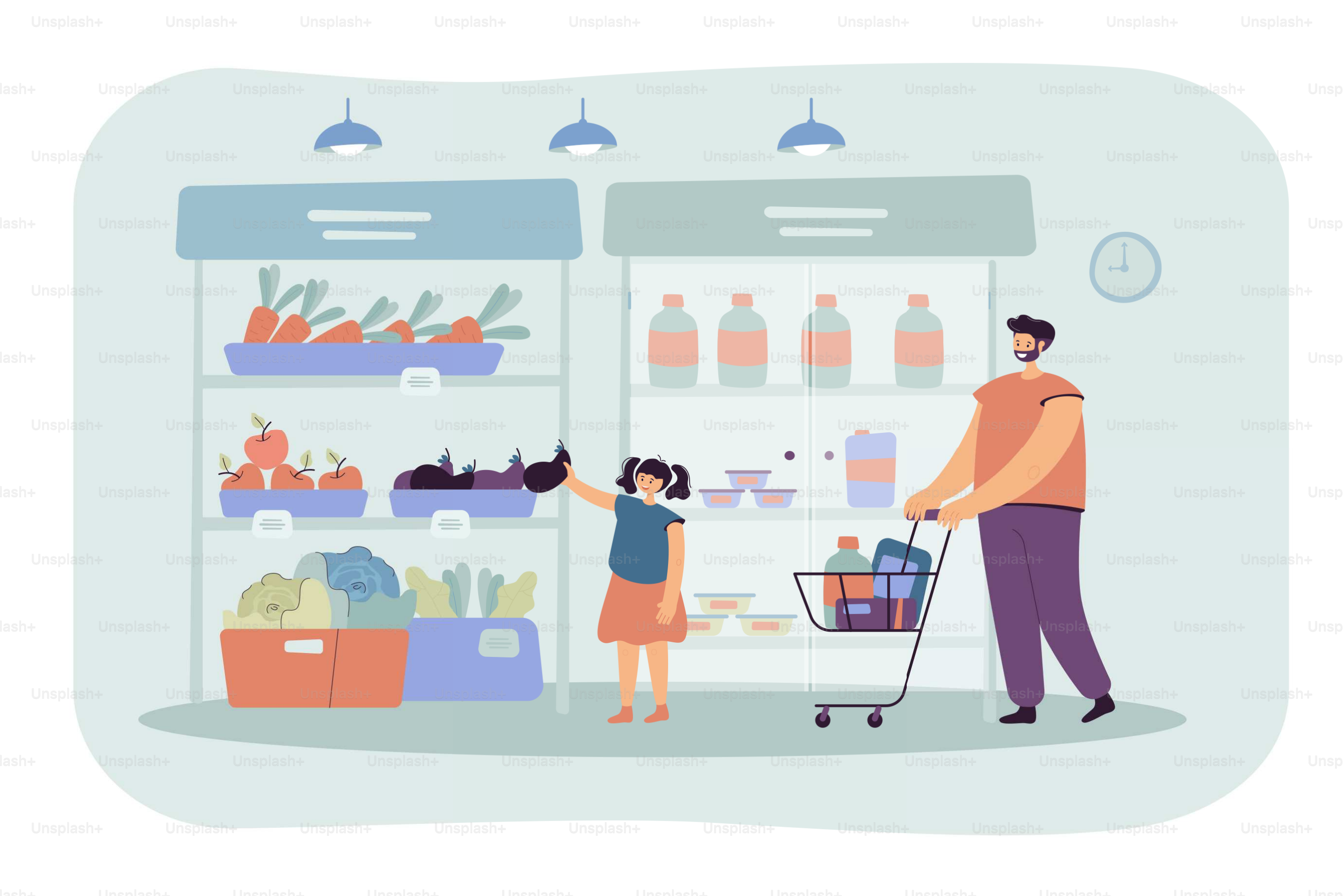 Padre e hija felices comprando comida en el supermercado, ilustración vectorial plana. Padre de dibujos animados moviendo el carro de la compra. Chica cogiendo verduras del pasillo. Concepto de supermercado y paternidad