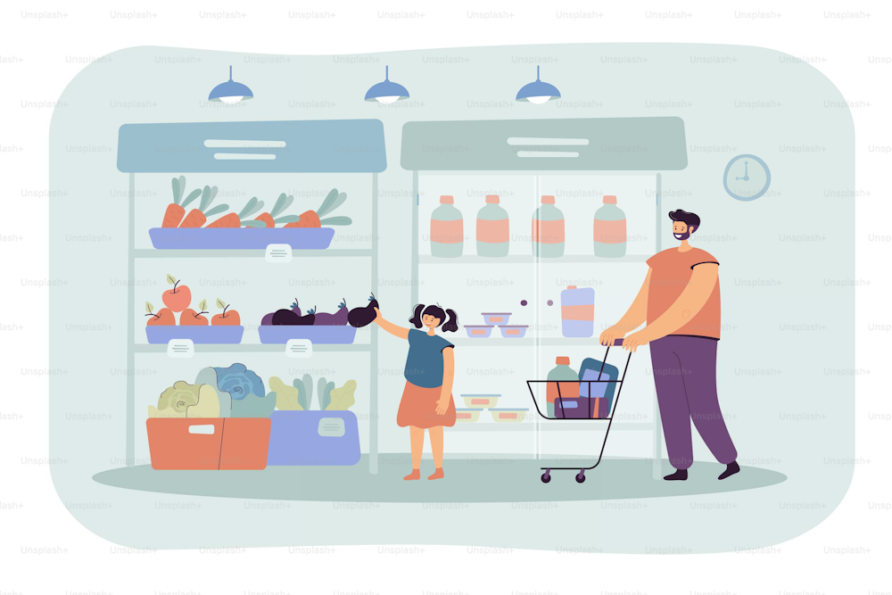 Padre e hija felices comprando comida en la ilustración vectorial plana del supermercado. Papá de dibujos animados rodando carrito de compras. Chica tomando verduras del pasillo. Tienda de comestibles y concepto de paternidad