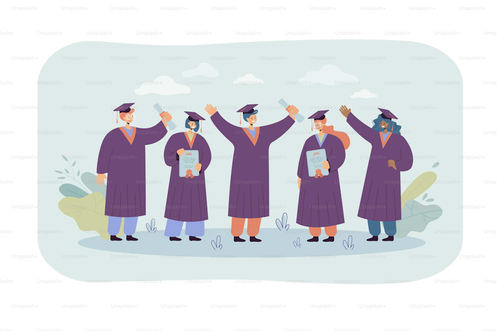 Happy graduated student standing and holding diplomas isolated flat vector illustration. Smiling guys and girls wearing academic gowns and graduation caps. College and university education concept