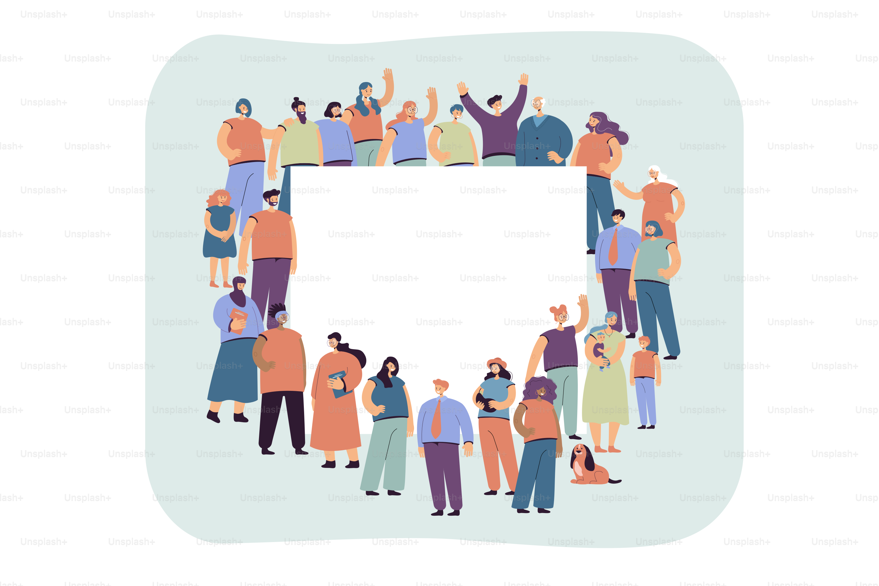 Multicultural crowd of people standing around blank banner flat vector illustration. Cartoon different characters standing together. Community and society concept