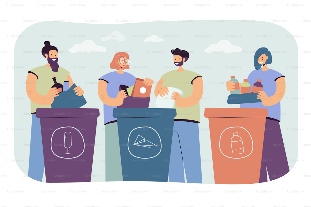 Positive people sorting trash isolated flat vector illustration. Cartoon characters standing near dustbins with different types of garbage. Waste recycle and environment concept