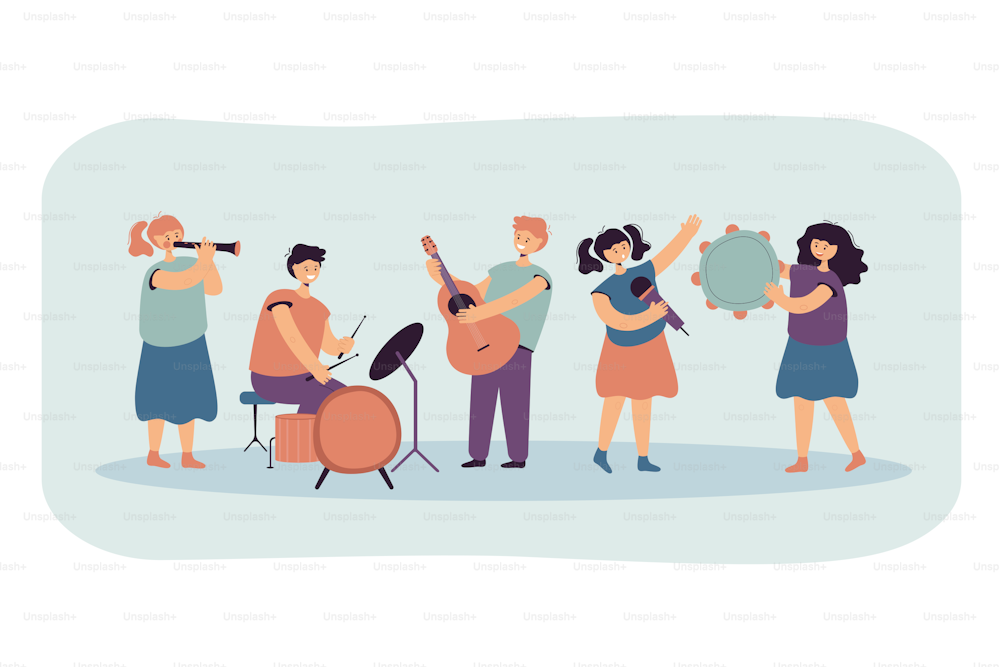 Cute children playing music and singing together flat vector illustration. Happy cartoon child band performing on school festival. Musician party and kid orchestra concept