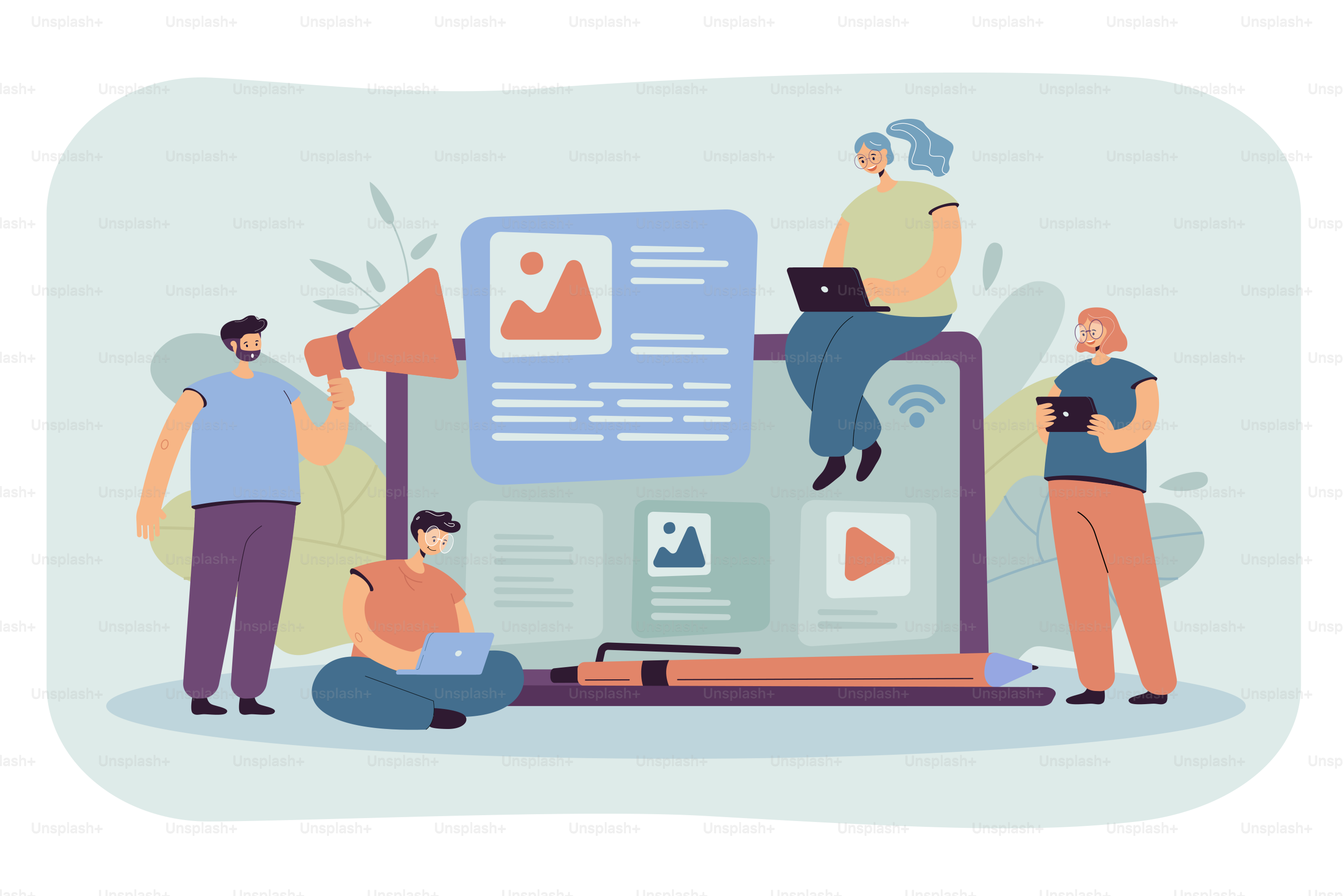 Bloggers and influencers writing articles and posting content. Blog authors using laptops, shouting at megaphone. For advertising on internet, SEO, marketing, online business concept