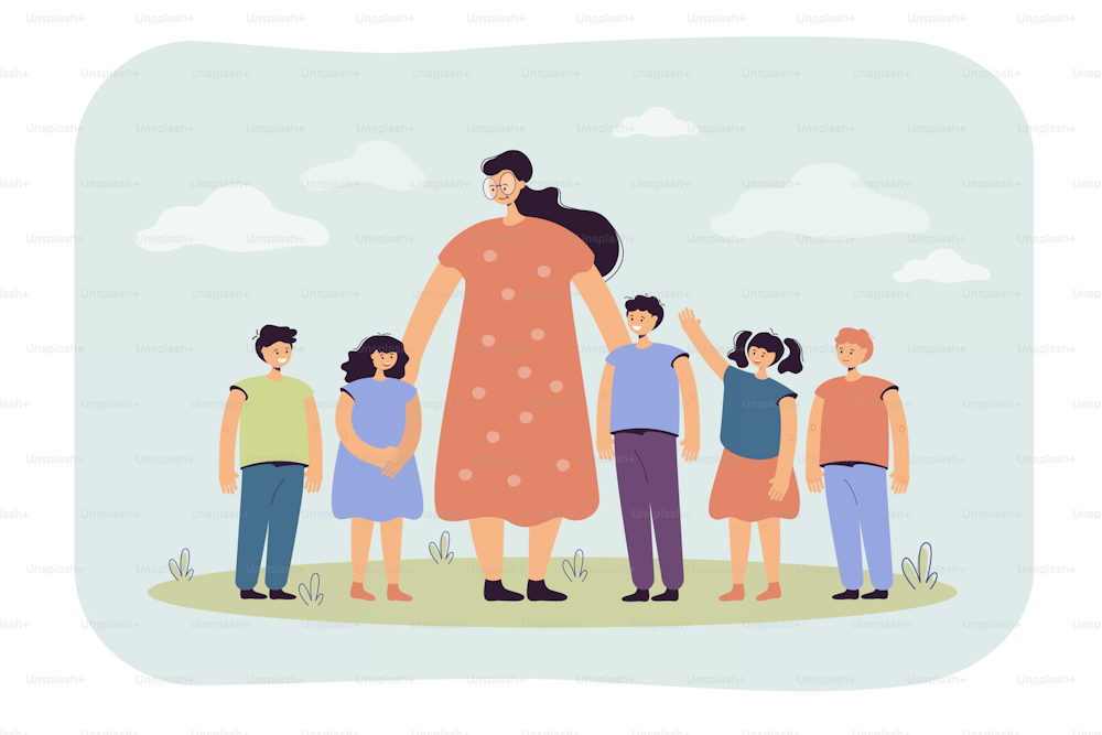 Female teacher and kids walking outdoors. Woman watching group of school children on grass. Vector illustration for pedagogy, education, daycare concept