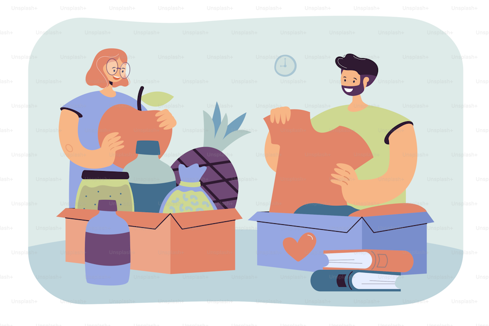 People donating clothes, books and food. Volunteers packing box for donation. Vector illustration for teamwork, charity container, humanitarian help concept