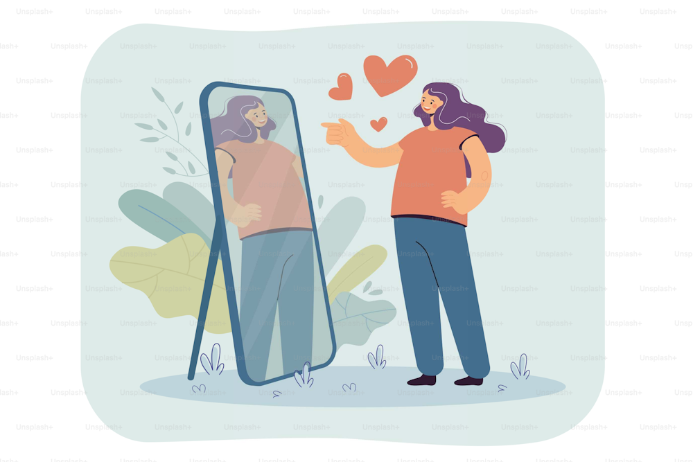 Happy narcissist girl looking at herself at mirror, admiring her beautiful reflection. Vector illustration for self love, proud, admiration, narcissism concept