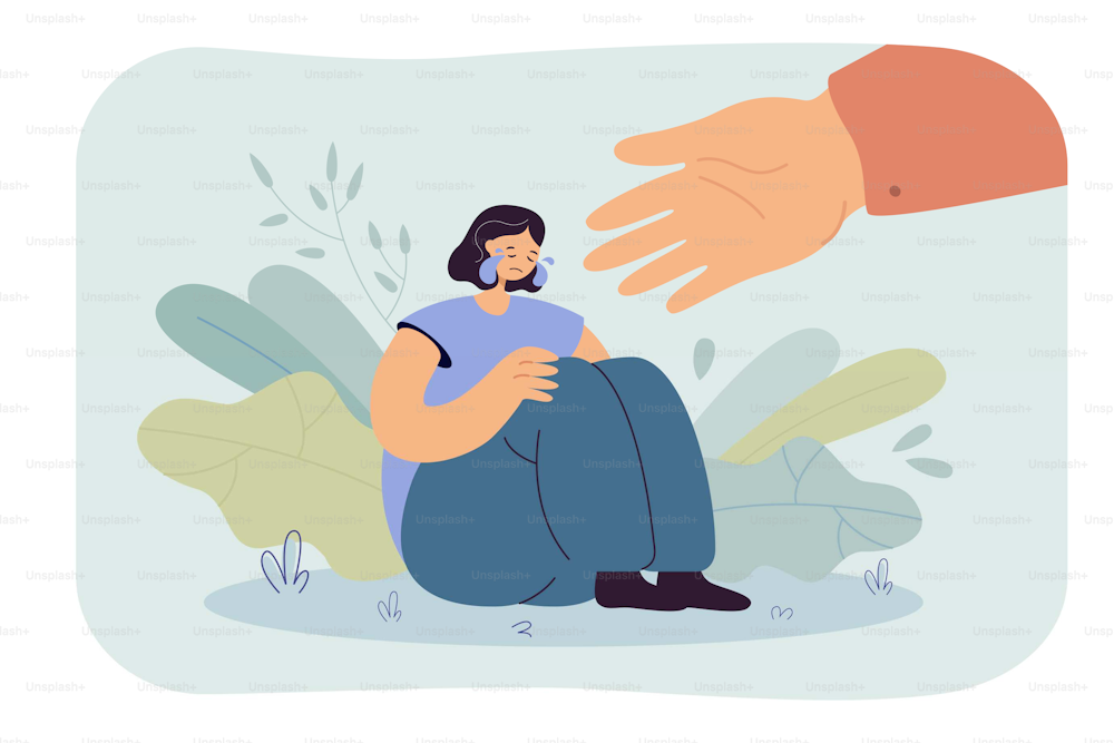 Helping hand for depressed crying person. Sad, anxious and lonely woman suffering from stress and depression, getting support. Vector illustration for assistance, friendship, care concept