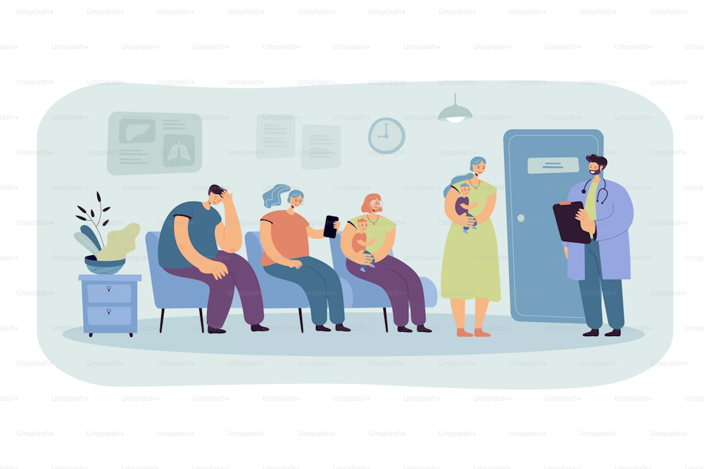 Group of patients waiting their turn at doctor office in clinic corridor. Moms with babies visiting therapist. Vector illustration for healthcare, medical service, visiting practitioner concept