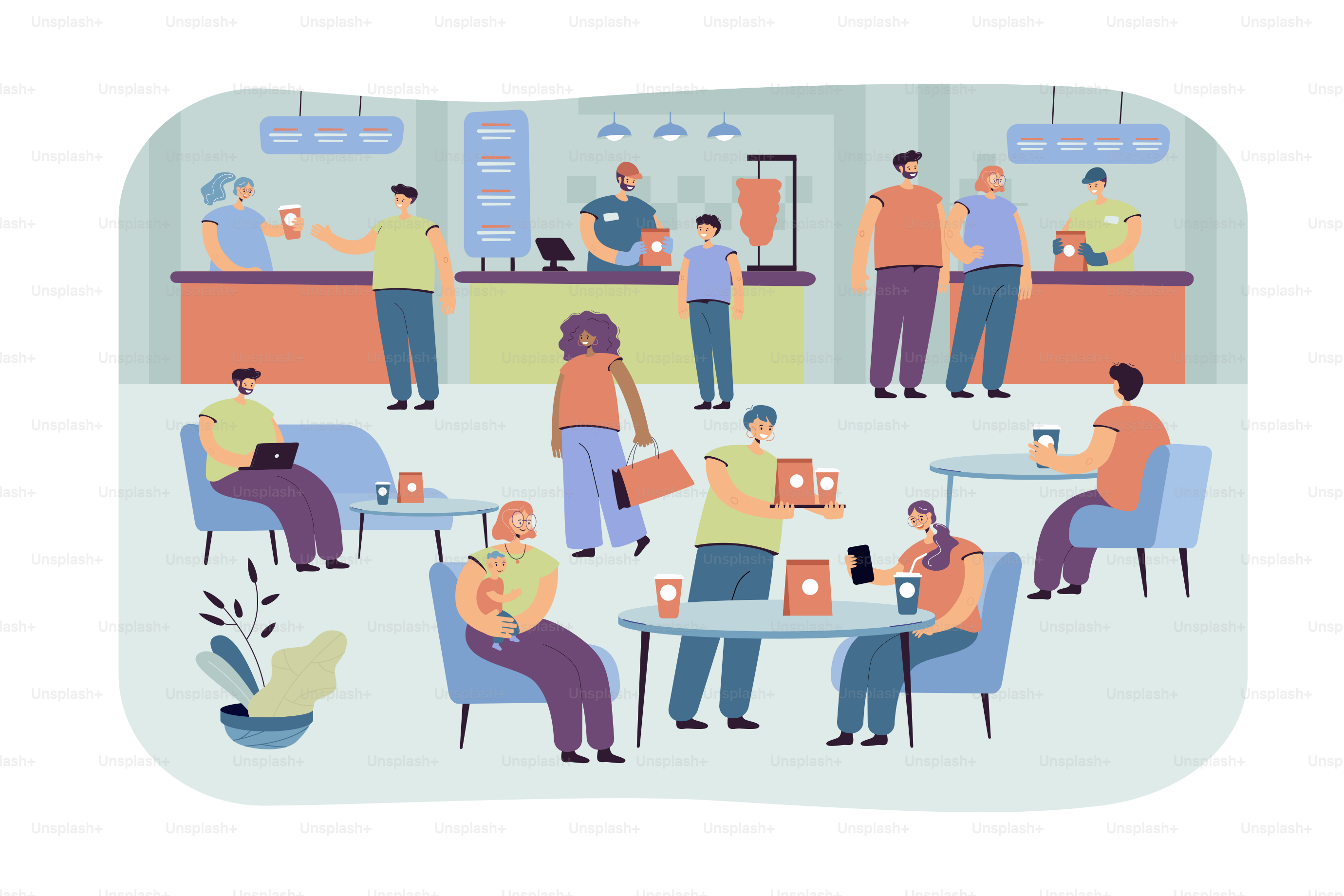 Positive people eating in cafe isolated flat vector illustration. Cartoon characters having lunch in food court. Cafeteria interior and restaurant in shopping mall concept